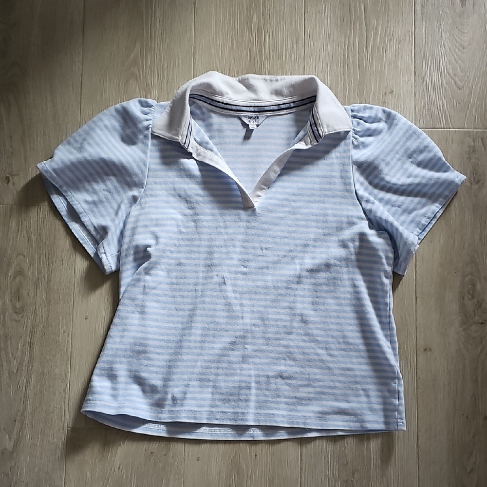 Crown & Ivy Light Blue and White Striped Short Sleeve Top